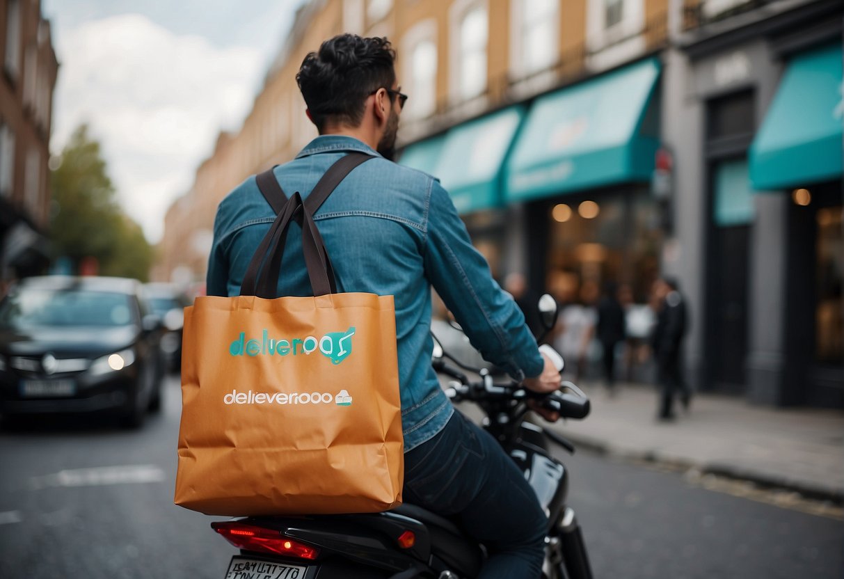 A bustling city street with Deliveroo delivery bags flying through the air, surrounded by vibrant promotional banners for the 2024 campaign