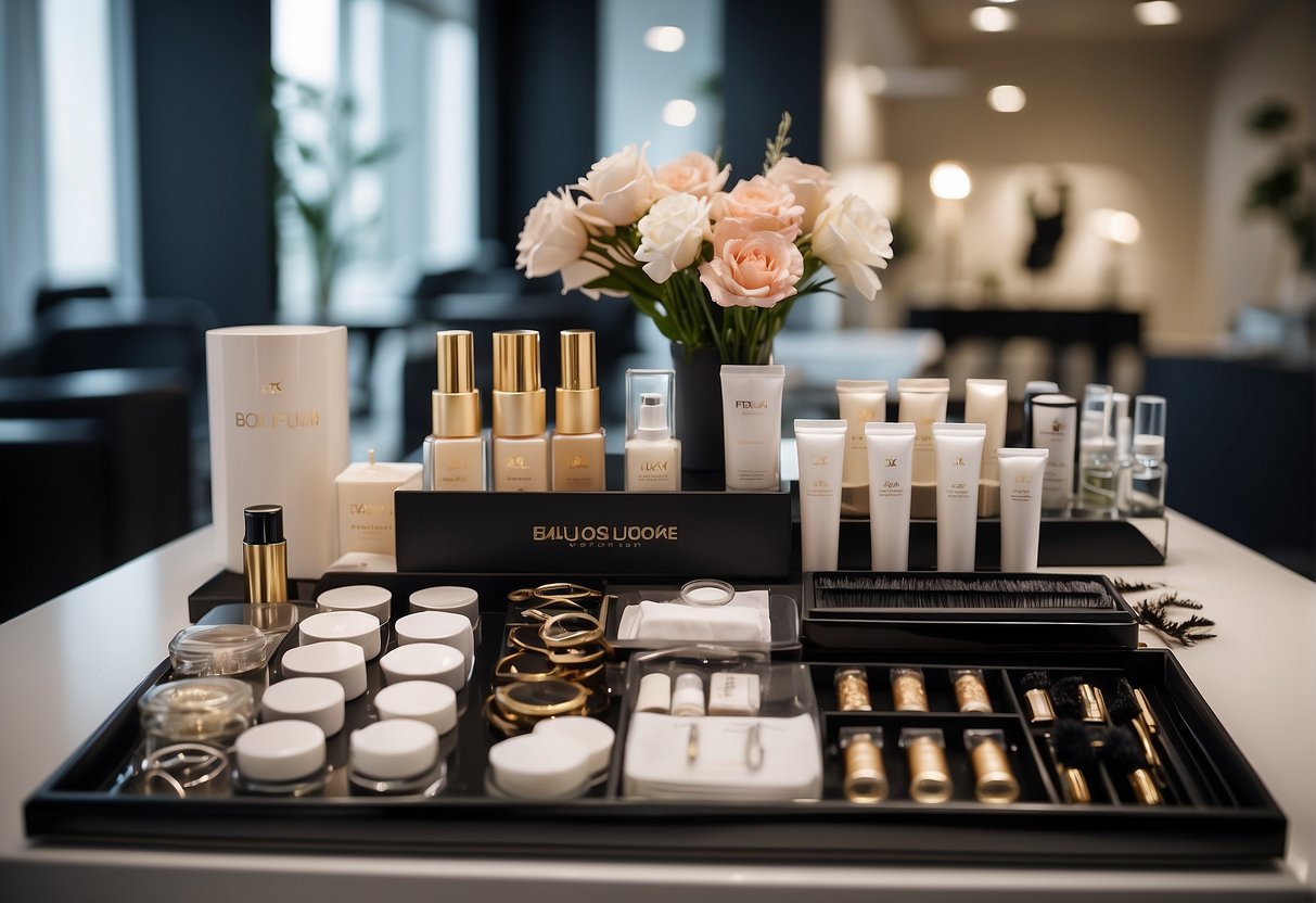 A salon display table with various eyelash extension products and promotional materials, surrounded by a modern and elegant interior design
