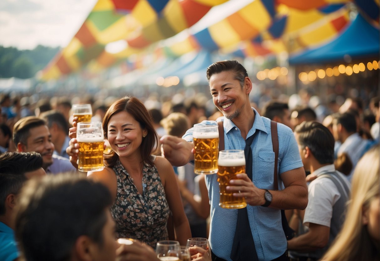 Crowds gather under colorful tents, clinking beer steins and enjoying traditional German music at Oktoberfest Erdinger Promotions Singapore