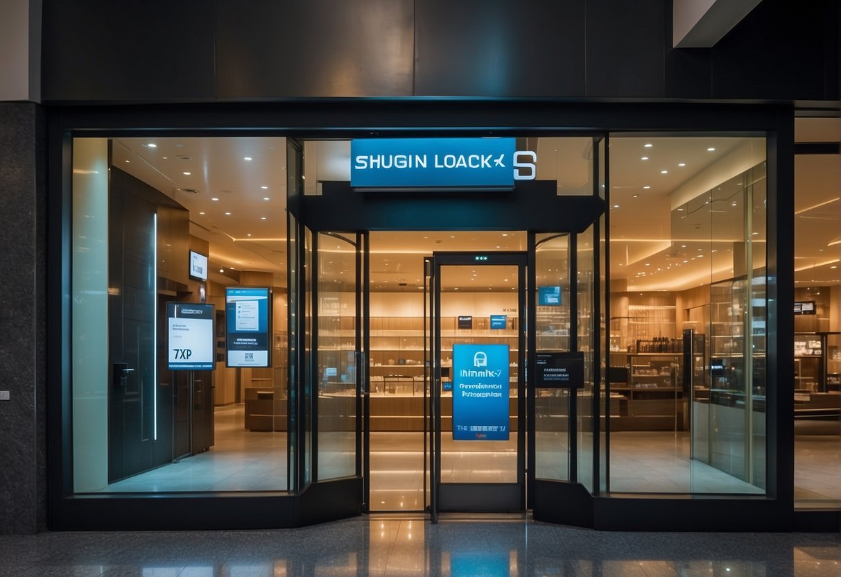 A digital lock displayed on a storefront in Singapore, surrounded by promotional banners and signage