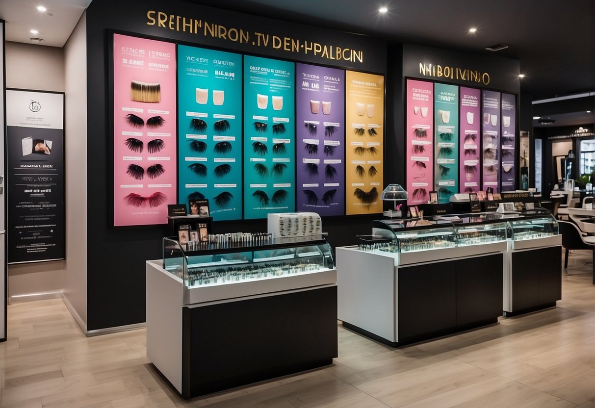 A salon display showcasing various eyelash extension promotions in Singapore. Bright, colorful posters and price lists are featured prominently