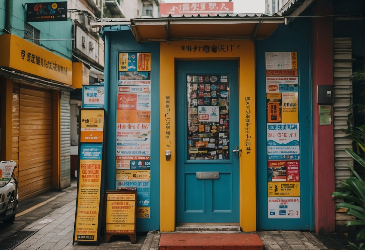 A colorful door with promotional signs and banners, surrounded by bustling streets and vibrant city life in Singapore