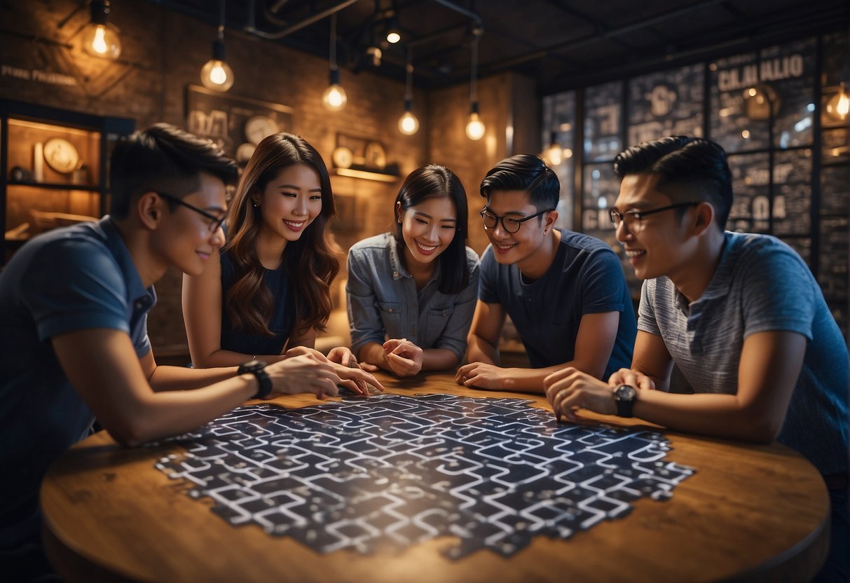 A group of people solving puzzles in a themed room, with promotional banners and signs advertising escape room experiences in Singapore