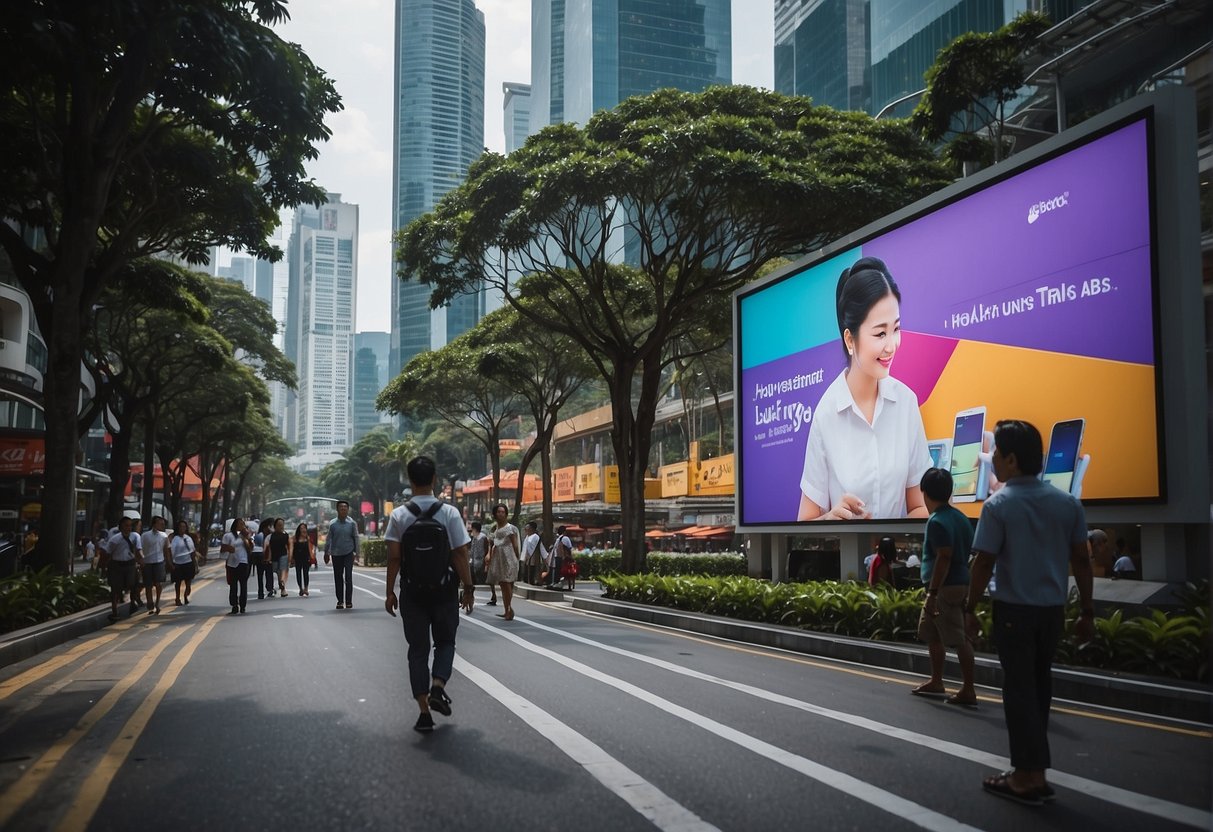 A bustling city street with vibrant billboards and interactive digital displays promoting engaging events and activities in Singapore