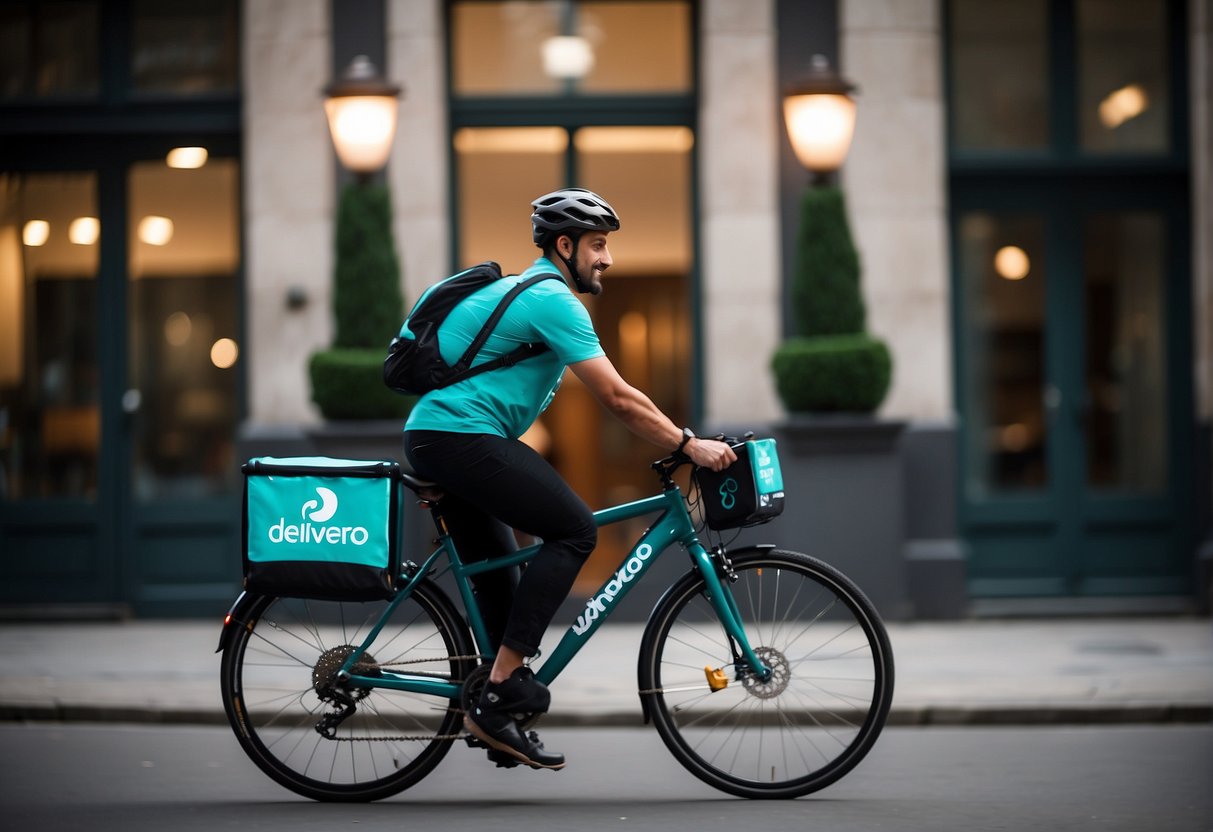 A delivery rider on a bicycle, handing over a food package to a customer at their doorstep, with the Deliveroo logo visible