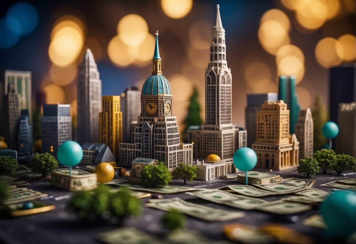 A vibrant cityscape with iconic landmarks and travel symbols, surrounded by promotional banners and cash symbols