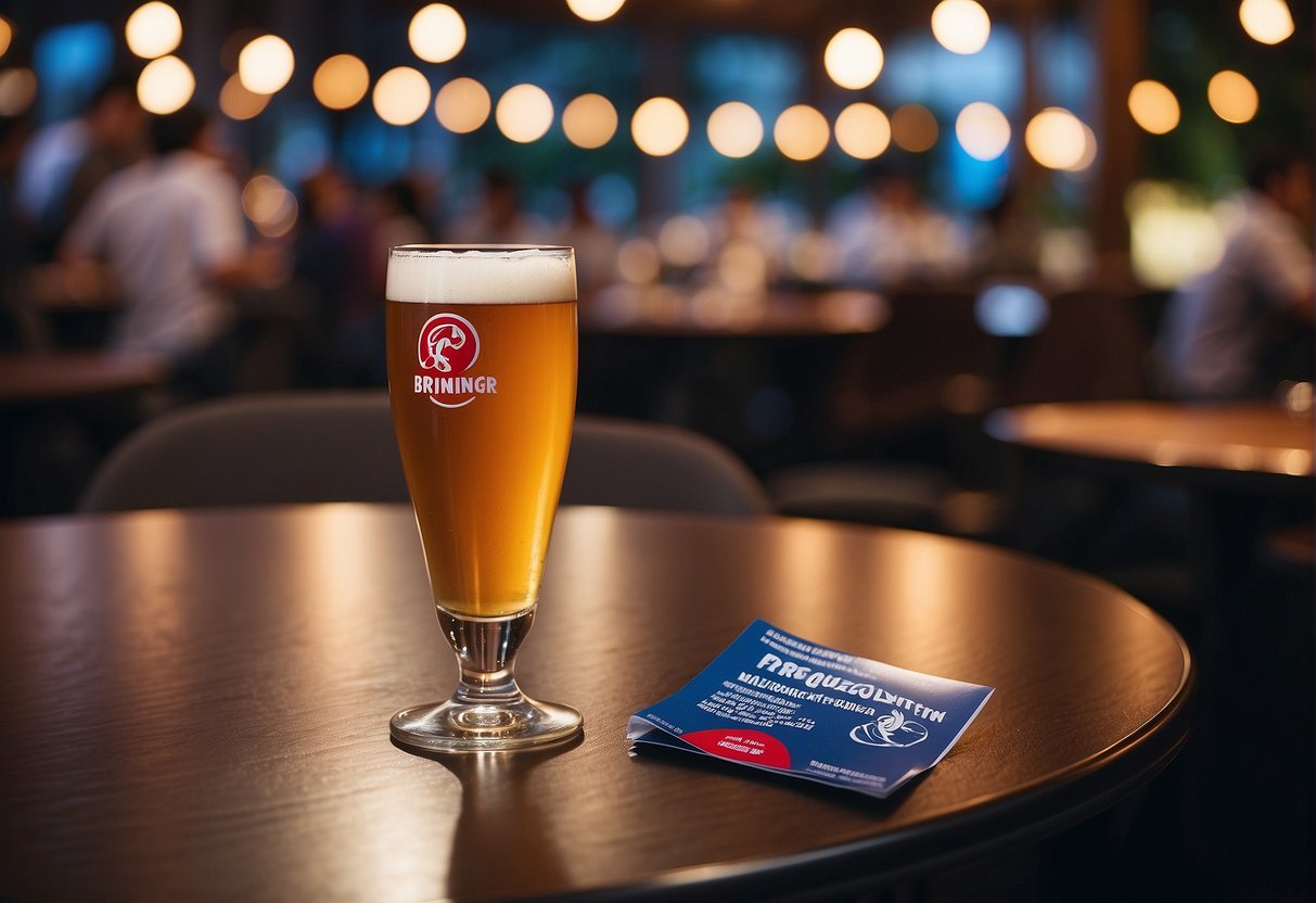 A table with promotional materials, a banner with "Frequently Asked Questions," and the Erdinger logo displayed at a Singapore event