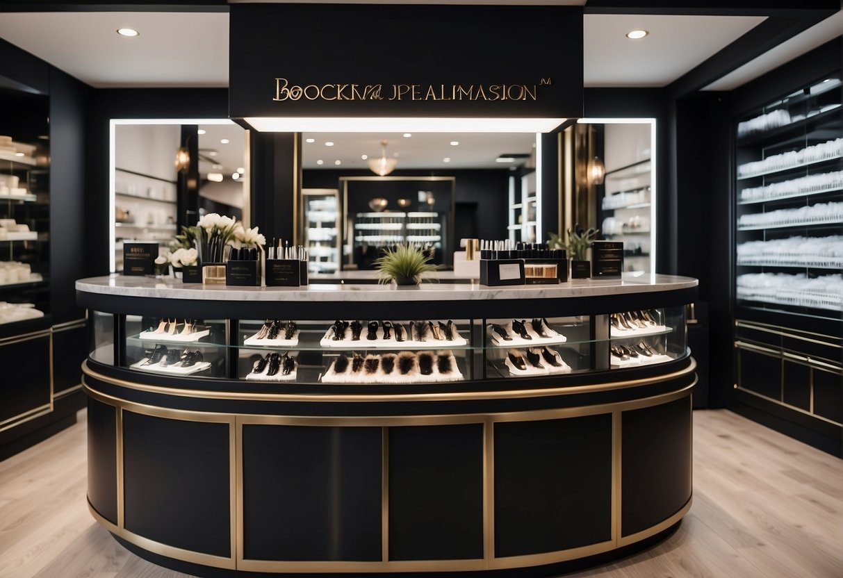 A close-up of a luxurious eyelash extension salon with elegant decor and a display of high-quality lash products