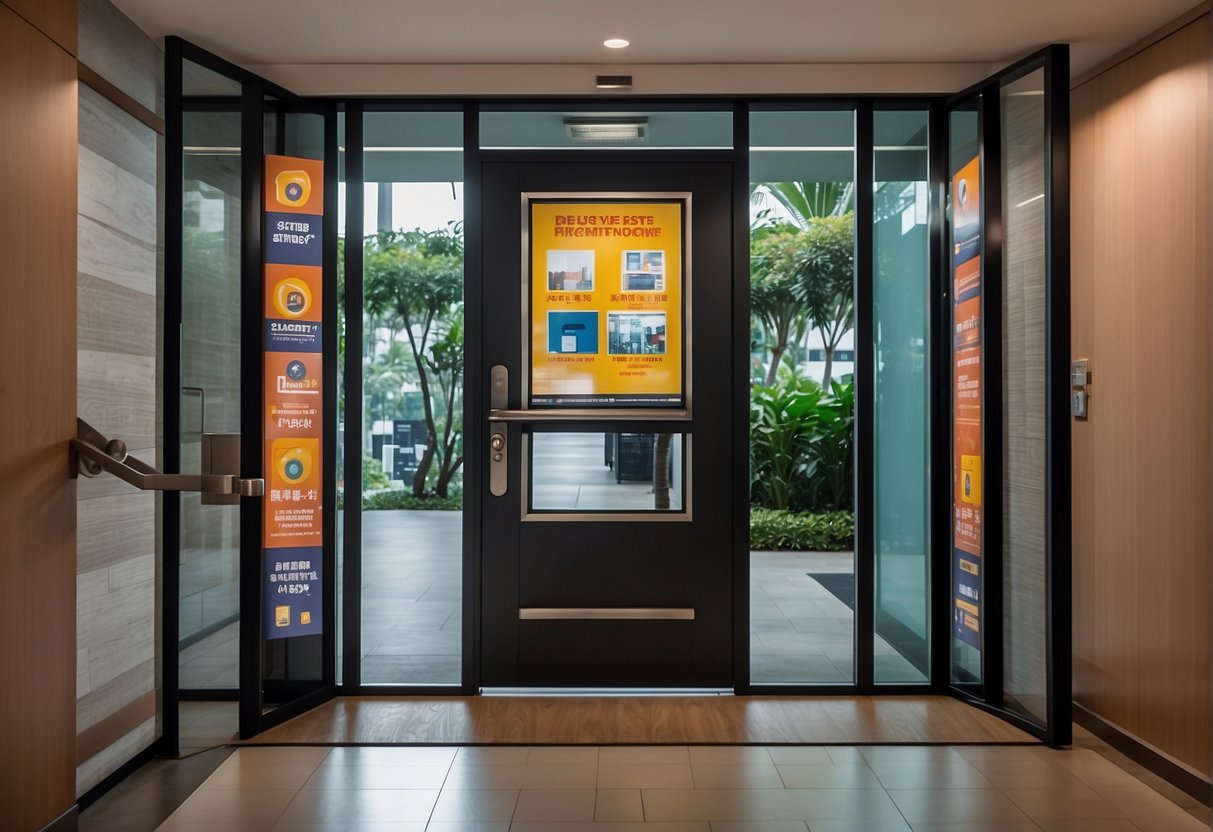 A door with a prominent security lock, surrounded by promotional banners and signs advertising the latest home security promotions in Singapore