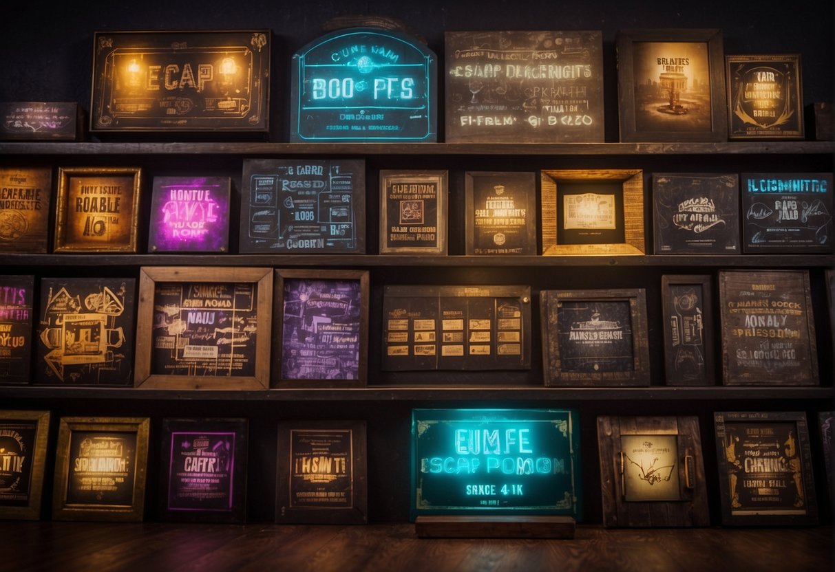 Various escape room promotions displayed on a colorful board with enticing offers and discounts