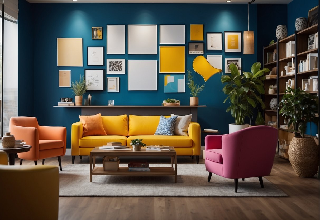 A room with furniture being rearranged, colorful promotional signs, and a bright, inviting atmosphere