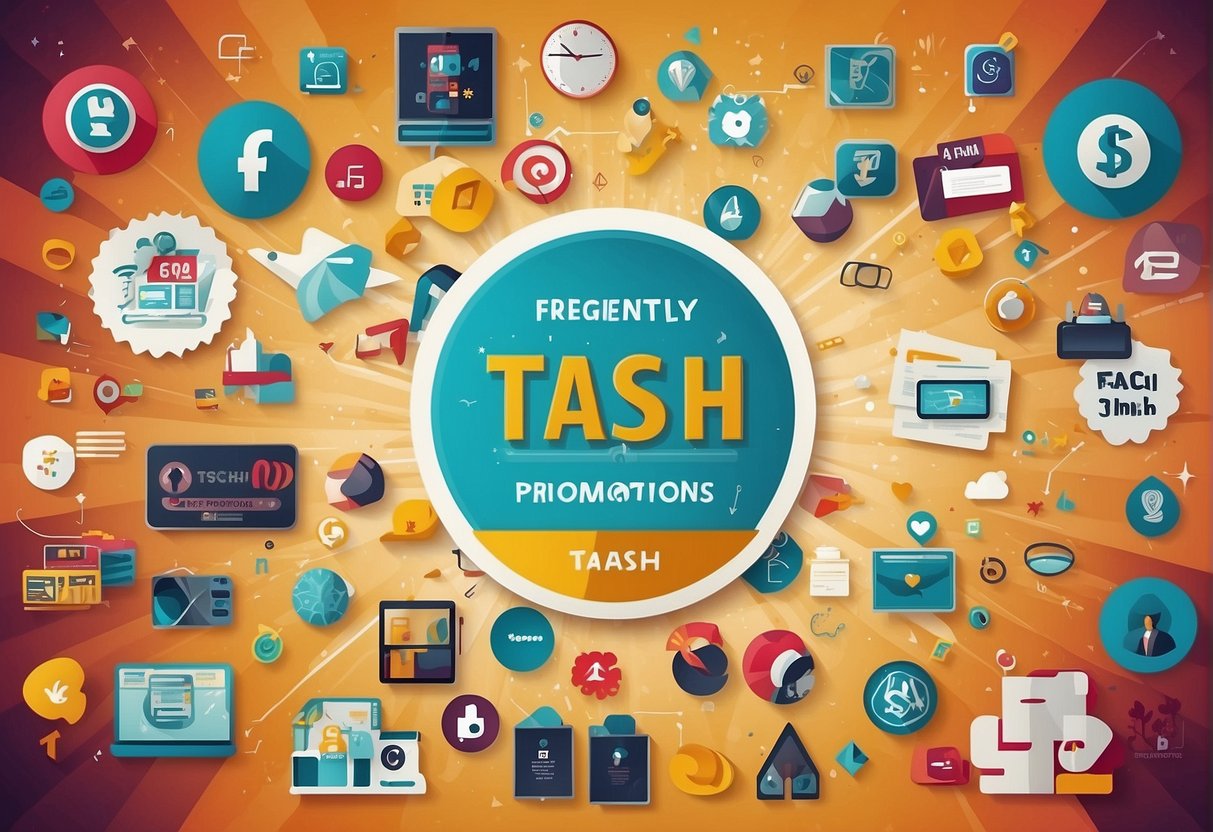 A colorful banner with "Frequently Asked Questions" and "tcash promotions singapore" text, surrounded by various symbols and icons representing different promotions and inquiries