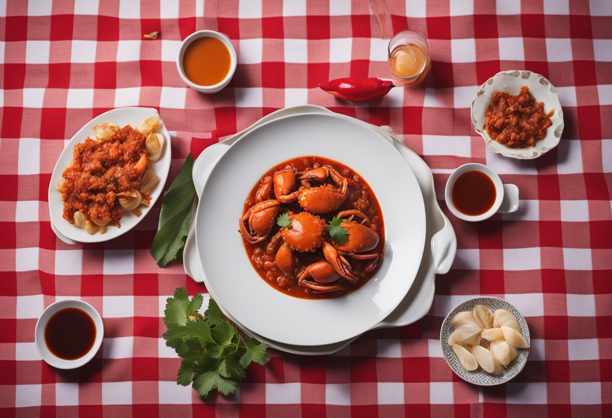 A steaming plate of chili crab sits on a red checkered tablecloth, surrounded by empty shells and small dishes of chili sauce