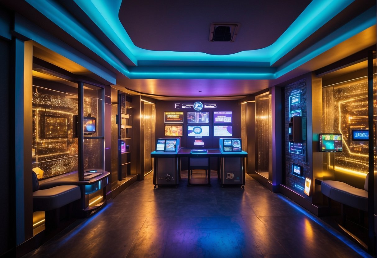 A colorful and futuristic escape room setting with high-tech gadgets and challenging puzzles. Bright lights and engaging signage promote the Innovative Escape Adventures in Singapore