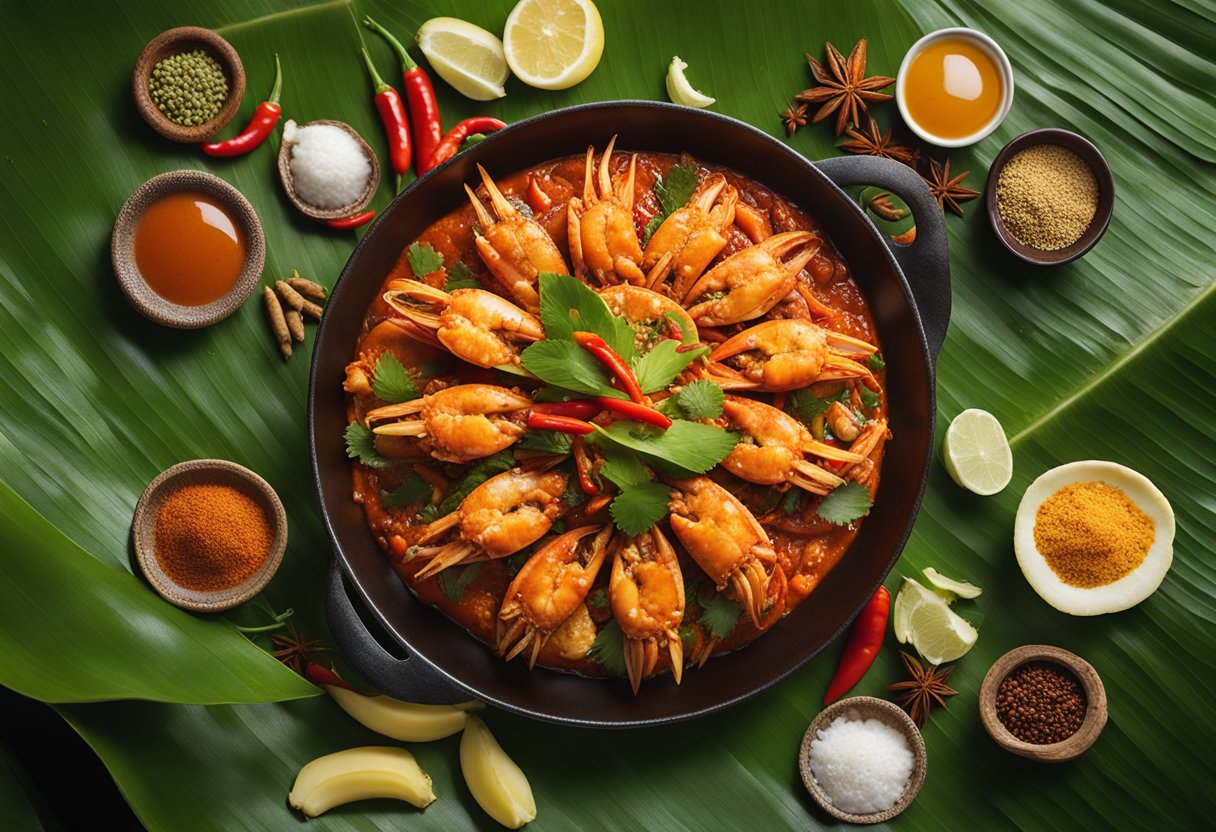 A steaming plate of chilli crab sits on a banana leaf, surrounded by vibrant spices and herbs. In the background, the iconic Singapore skyline looms, symbolizing the fusion of tradition and modernity in the dish's cultural significance