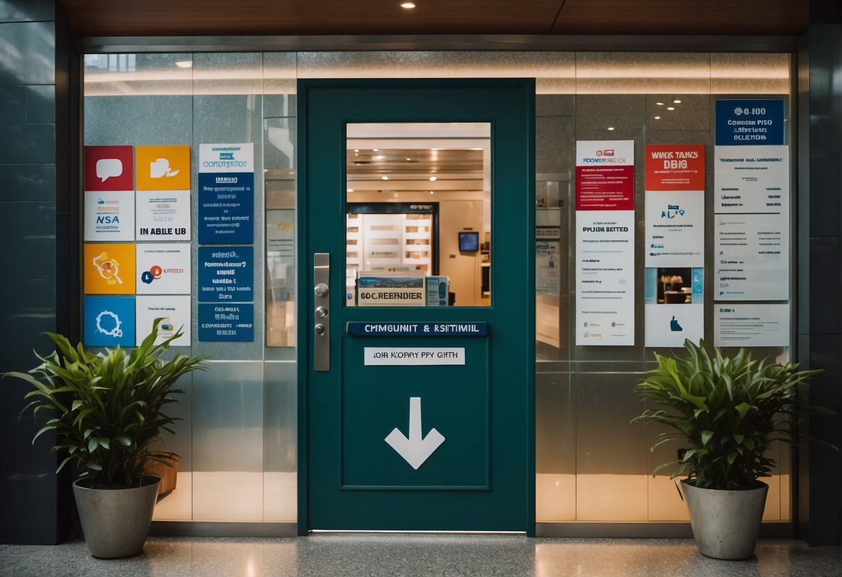 A door adorned with "Frequently Asked Questions" signs, surrounded by promotional materials, in a bustling Singapore setting