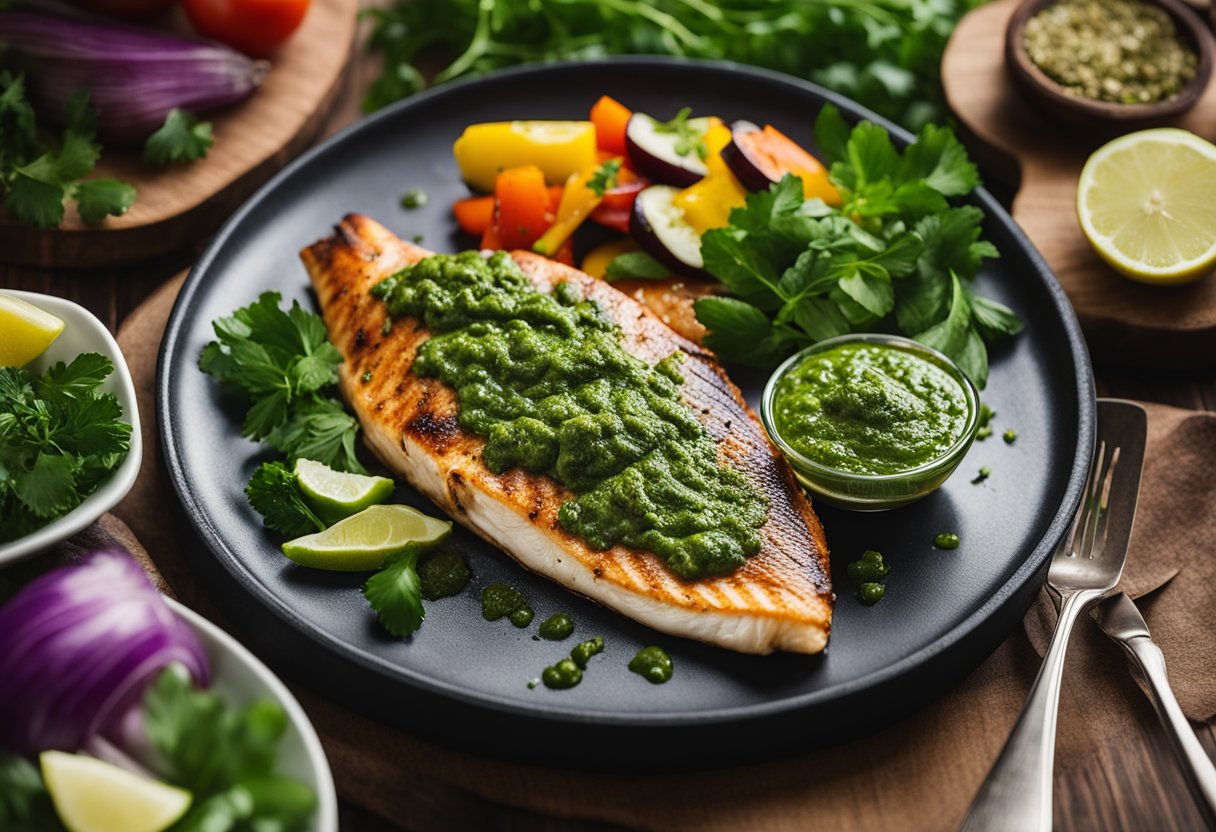 Freshly grilled fish topped with vibrant green chimichurri sauce, surrounded by colorful vegetables and aromatic herbs on a rustic wooden platter