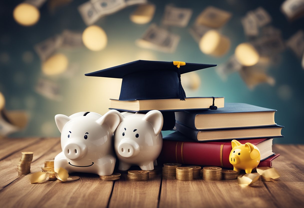 A stack of books with a graduation cap on top, surrounded by dollar signs and a piggy bank