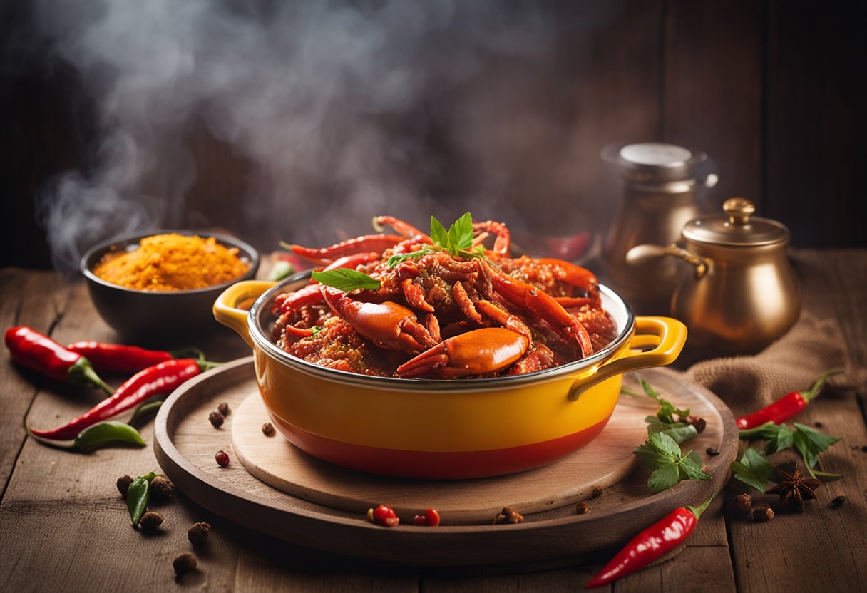 A steaming plate of chilli crab sits on a rustic wooden table, surrounded by scattered chillies and aromatic spices. The vibrant red sauce glistens under the warm light, inviting the viewer to savor the culinary experience