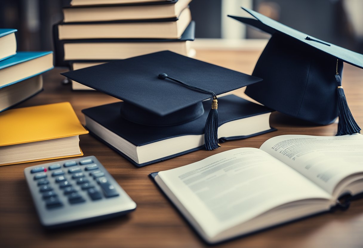 A stack of books and a graduation cap on a table, surrounded by paperwork and a calculator. A laptop open to a student loan website