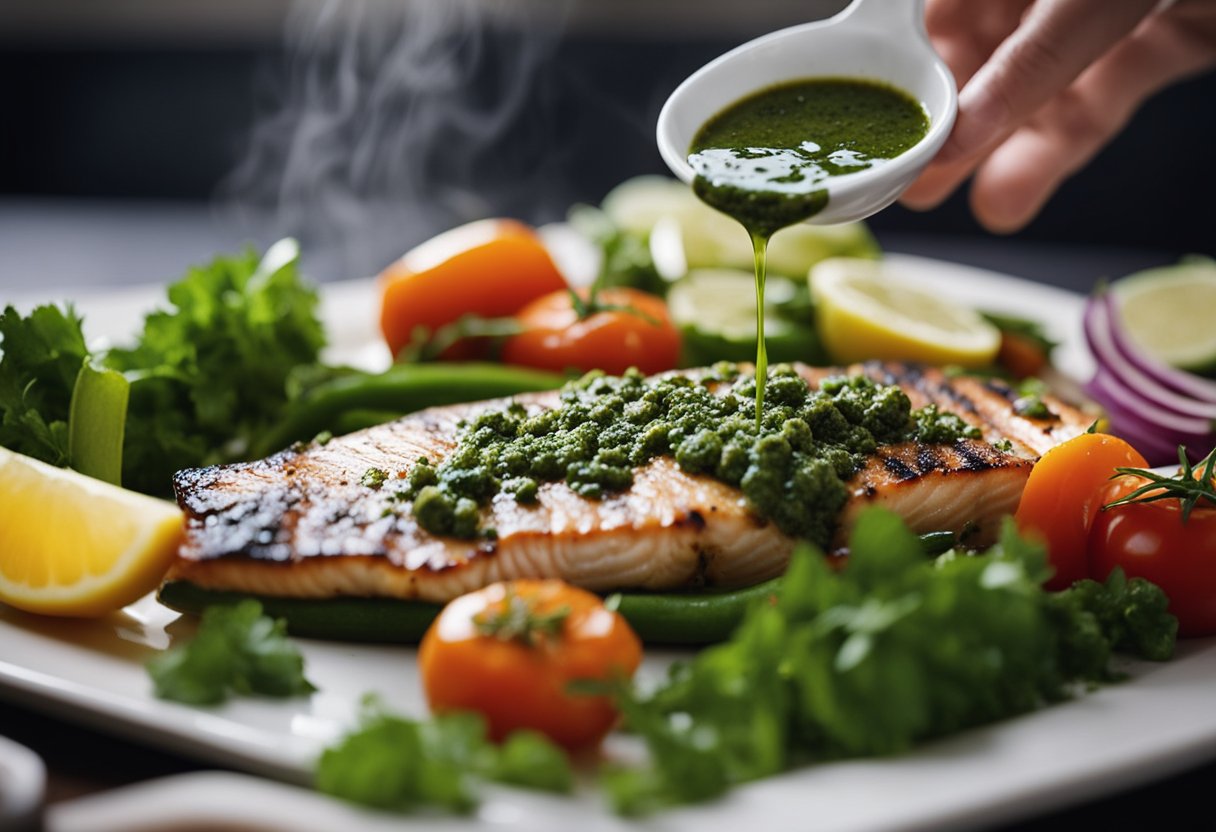 A chef grills fish and drizzles it with chimichurri sauce, then places it on a serving platter with a side of vegetables