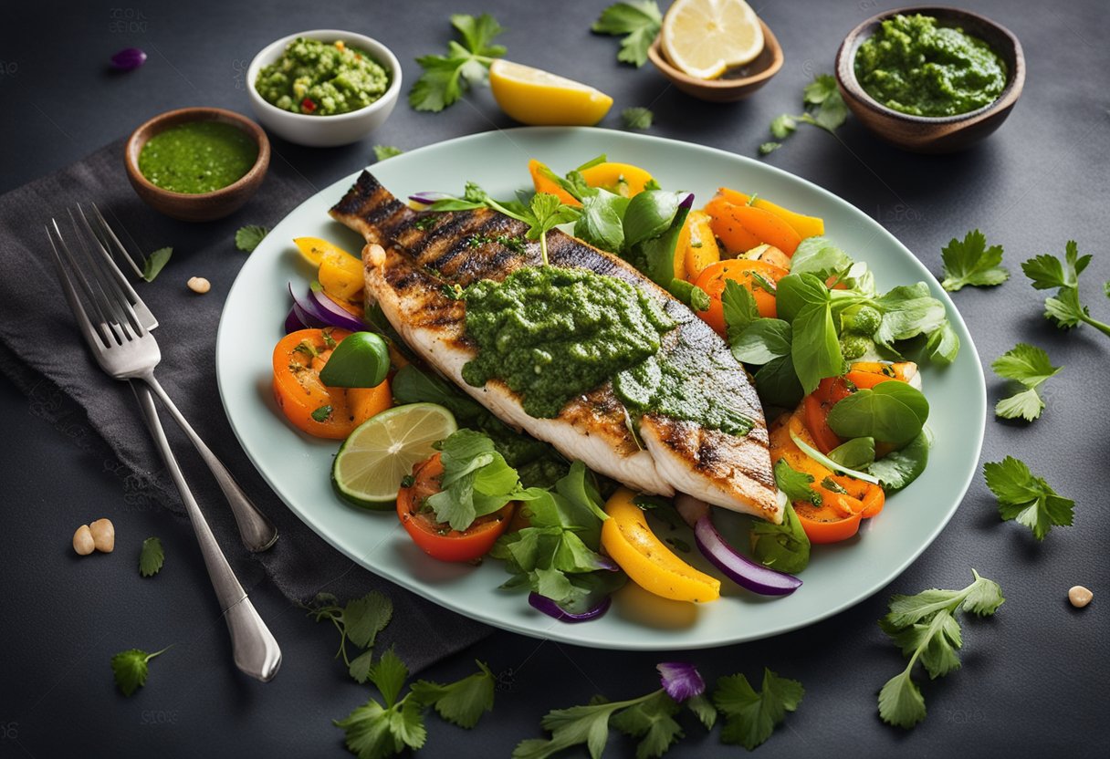 A plate of grilled fish topped with vibrant green chimichurri sauce, surrounded by colorful vegetables and herbs