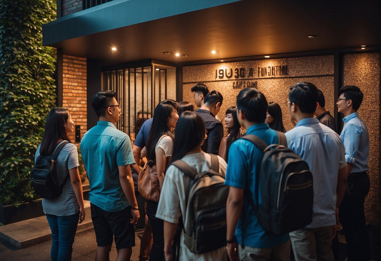 A group of people eagerly line up outside an escape room venue in Singapore, drawn in by the promise of solving puzzles and challenges