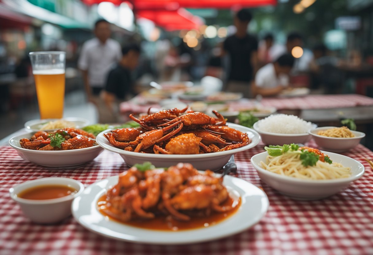 A steaming plate of chilli crab sits on a checkered tablecloth, surrounded by empty plates and a pair of chopsticks. A bustling Singaporean hawker center provides the backdrop