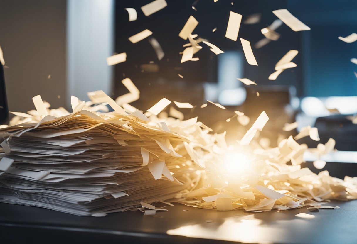 A pile of student loan documents being shredded by a machine, with a bright light shining down on the papers