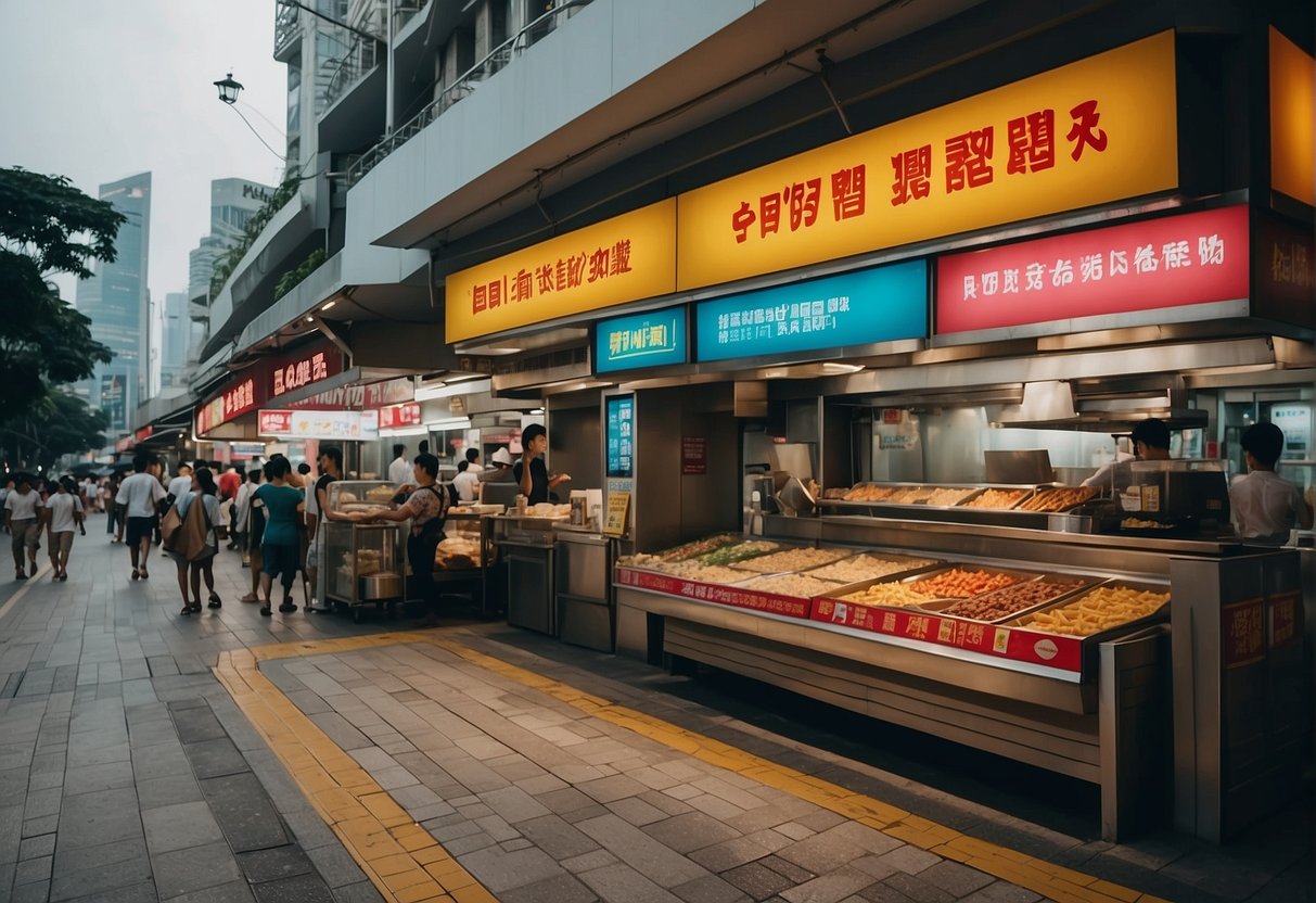 Colorful banners and signs advertising fast food promotions in a bustling Singapore street