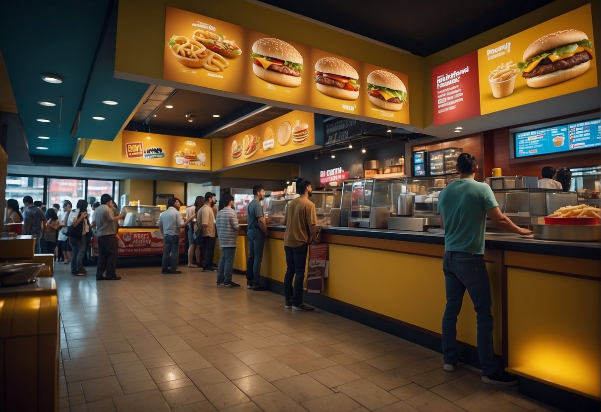 A bustling fast food restaurant with colorful promotional signs and a queue of customers waiting to order
