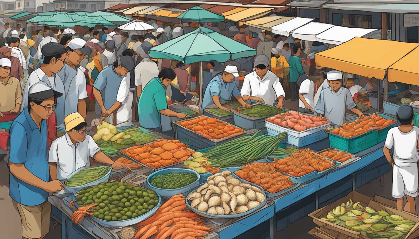 A bustling seafood market in Melaka, with colorful stalls and fresh catches on display. Customers haggle with vendors, while the aroma of grilled seafood fills the air