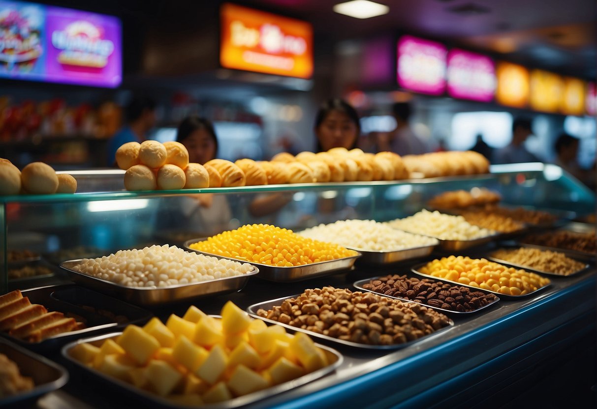 Colorful display of sugary delights at a bustling Singapore fast food joint. Bright signs and enticing packaging draw in hungry customers