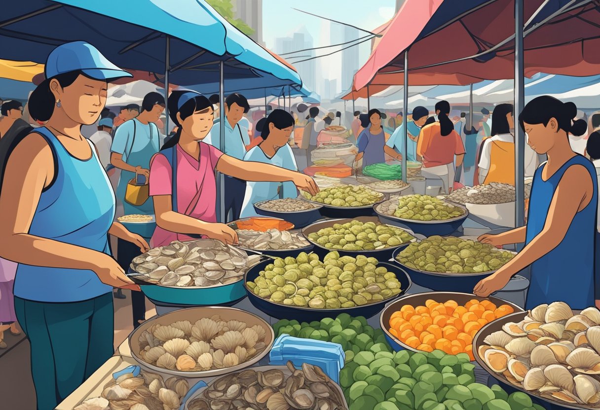 A bustling street market in Singapore, with vendors selling fresh oysters at affordable prices. The colorful stalls are filled with stacks of glistening shells, enticing passersby with the promise of a delicious seafood feast