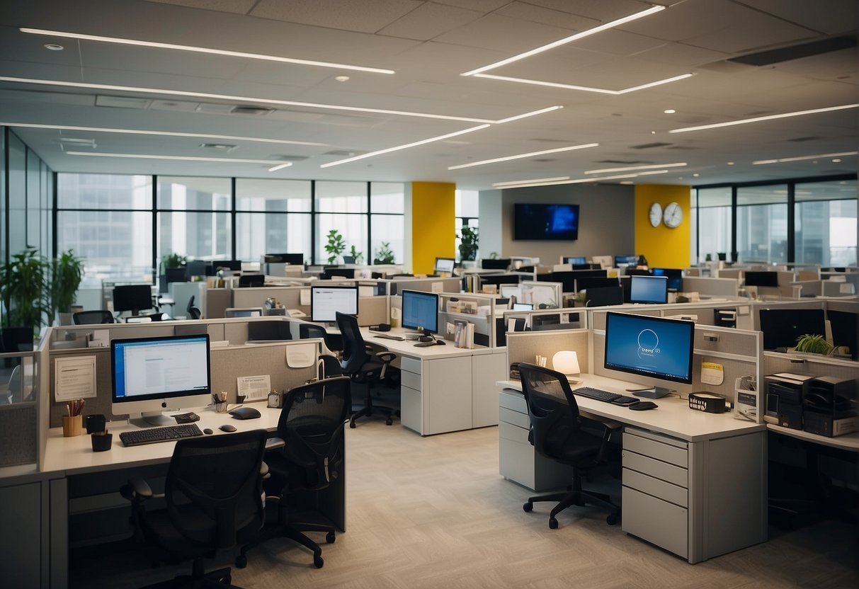 A bustling office with a modern design, filled with employees working diligently at their desks, while colorful promotional materials adorn the walls