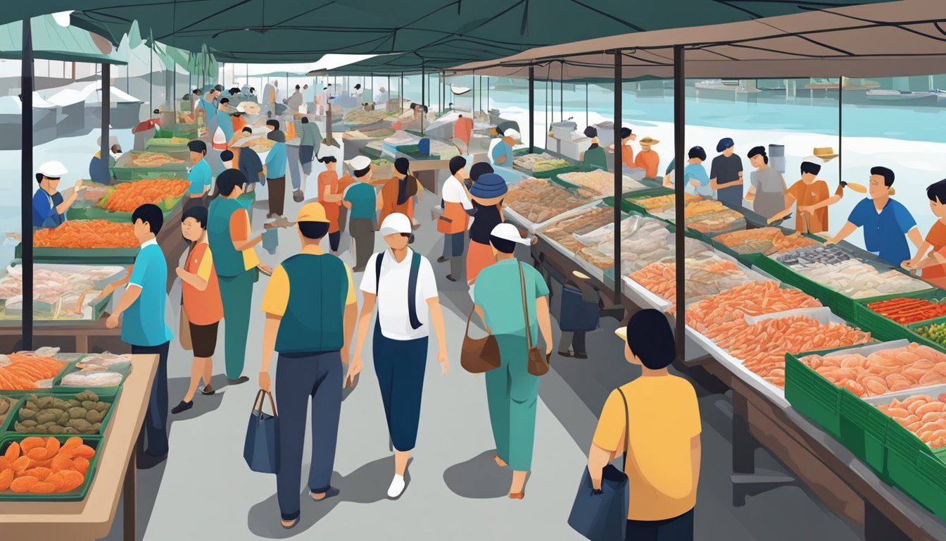 A bustling seafood market in Singapore, with vendors showcasing an array of fresh and affordable seafood from the Straits of Melaka