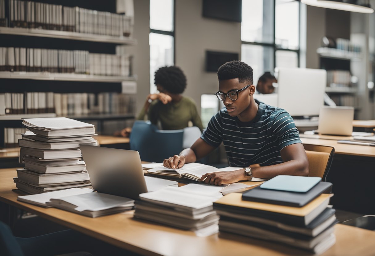 A student sitting at a desk, surrounded by textbooks and a laptop, filling out paperwork for federal student loans