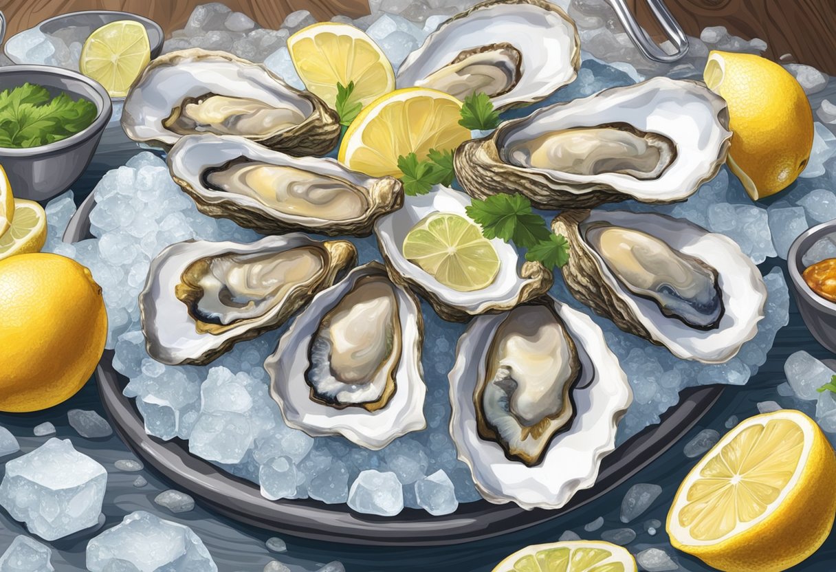 A table covered in a variety of fresh oysters, displayed on a bed of ice, with vibrant lemon wedges and a selection of dipping sauces nearby