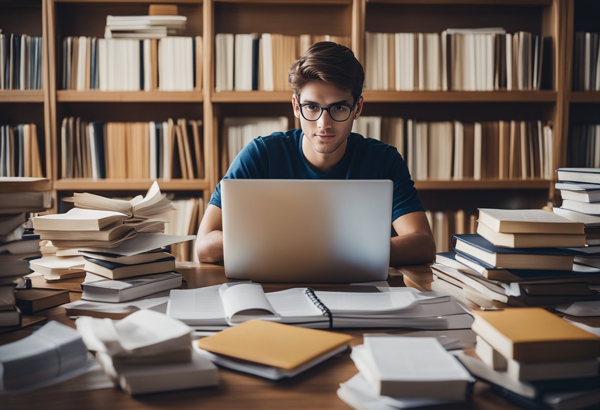 A student sitting at a desk, surrounded by books and papers, with a laptop open, researching federal student loans