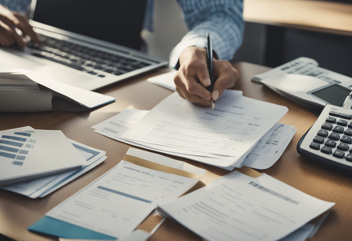 A student sits at a desk, filling out forms for federal student aid and loans. Papers and a computer are scattered around the desk