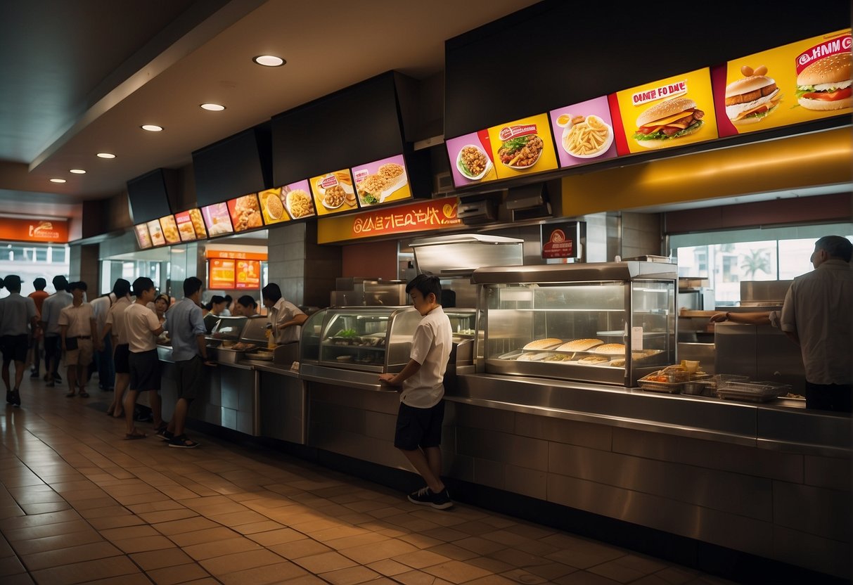 A bustling fast food restaurant in Singapore with colorful promotional signs and a queue of customers waiting to order