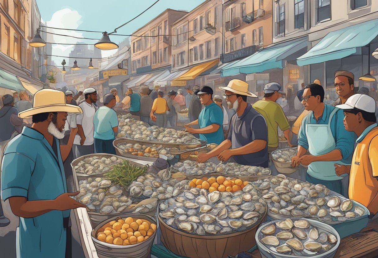 A bustling street market with a colorful array of oysters displayed on ice, surrounded by curious customers and vendors
