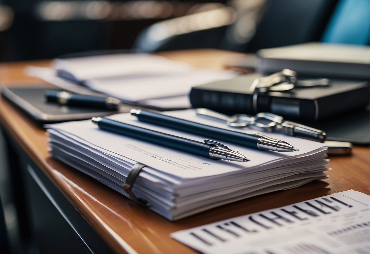 A stack of FAQ papers with company logo, surrounded by promotional items like pens and keychains