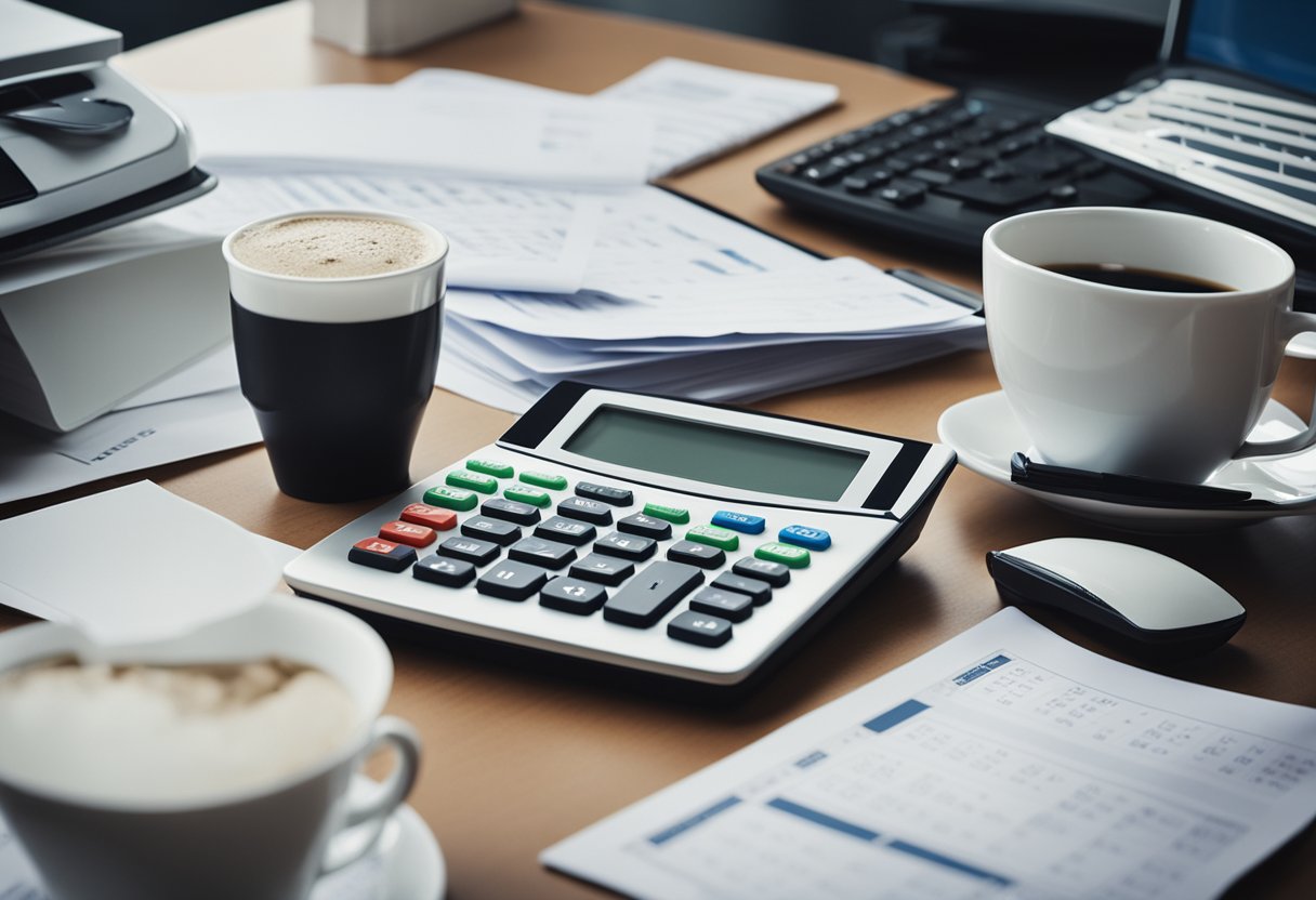 A stack of paperwork and a calculator sit on a desk, surrounded by empty coffee cups and crumpled papers. A computer screen displays a spreadsheet filled with numbers and formulas