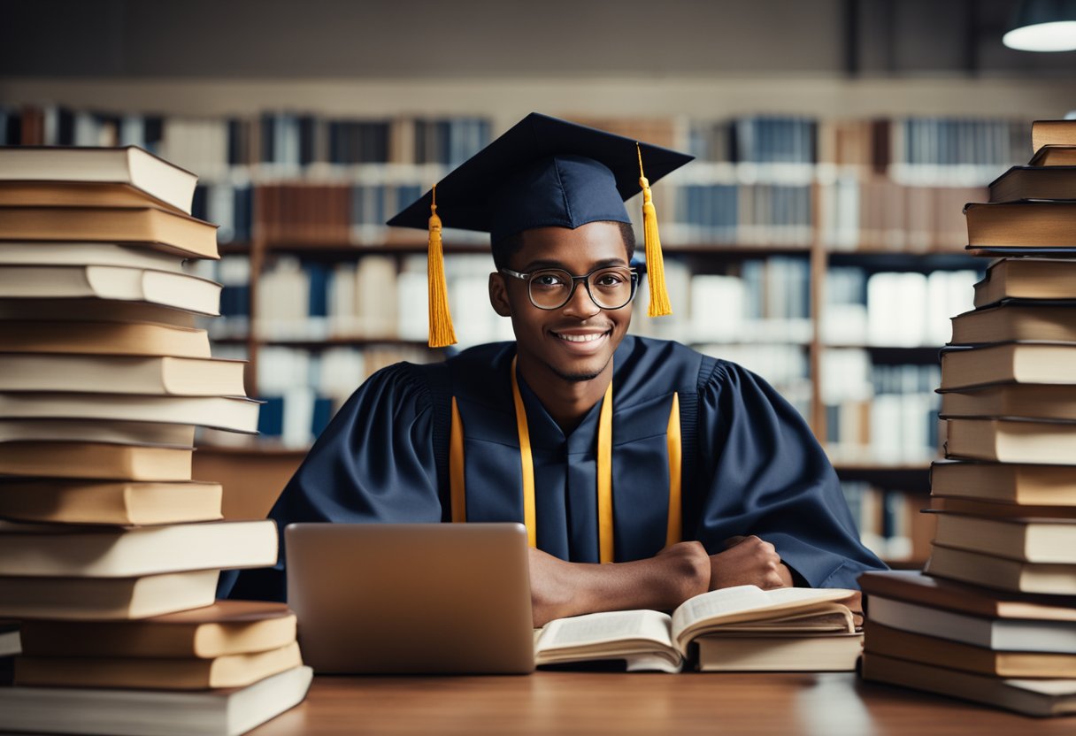 A graduate student sits at a desk, surrounded by books and a laptop, with a stack of loan paperwork in front of them