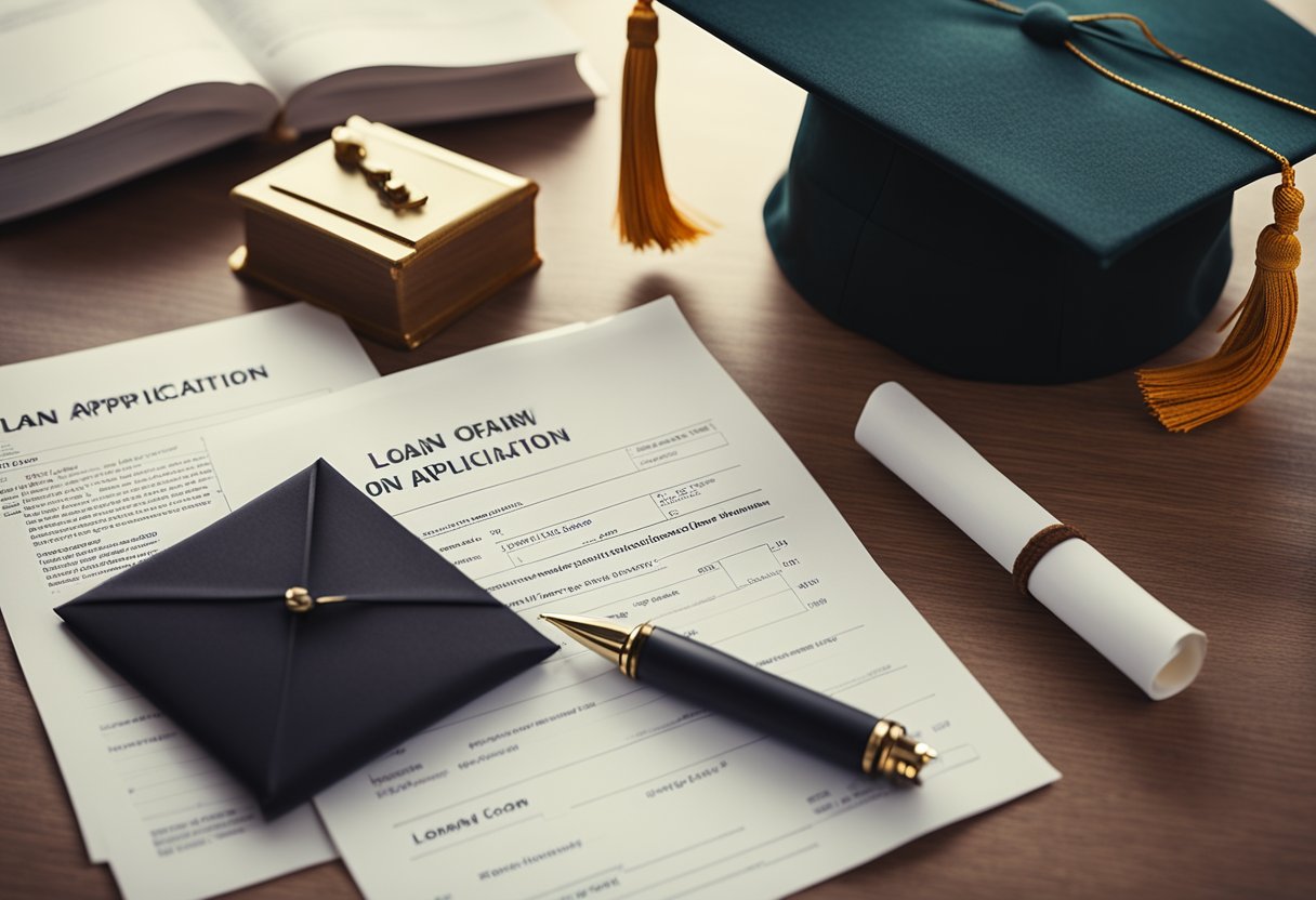 A stack of loan application forms next to a graduation cap and diploma