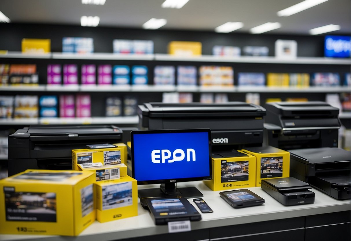 A colorful display of Epson printers and promotional materials in a bustling Singapore electronics store