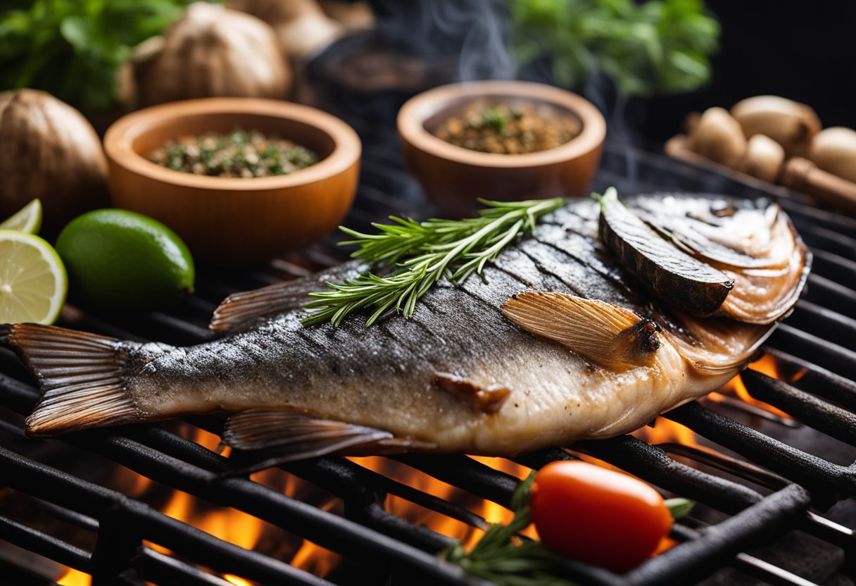 A whole fish sizzling on a grill, surrounded by aromatic spices and herbs, with a hint of smoke rising from the charred skin