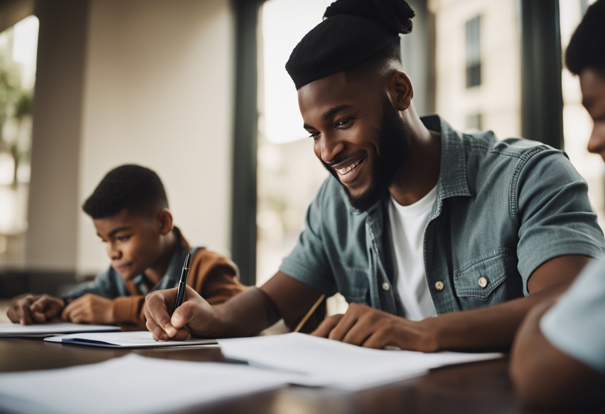 A parent signing loan documents while a student looks on with concern