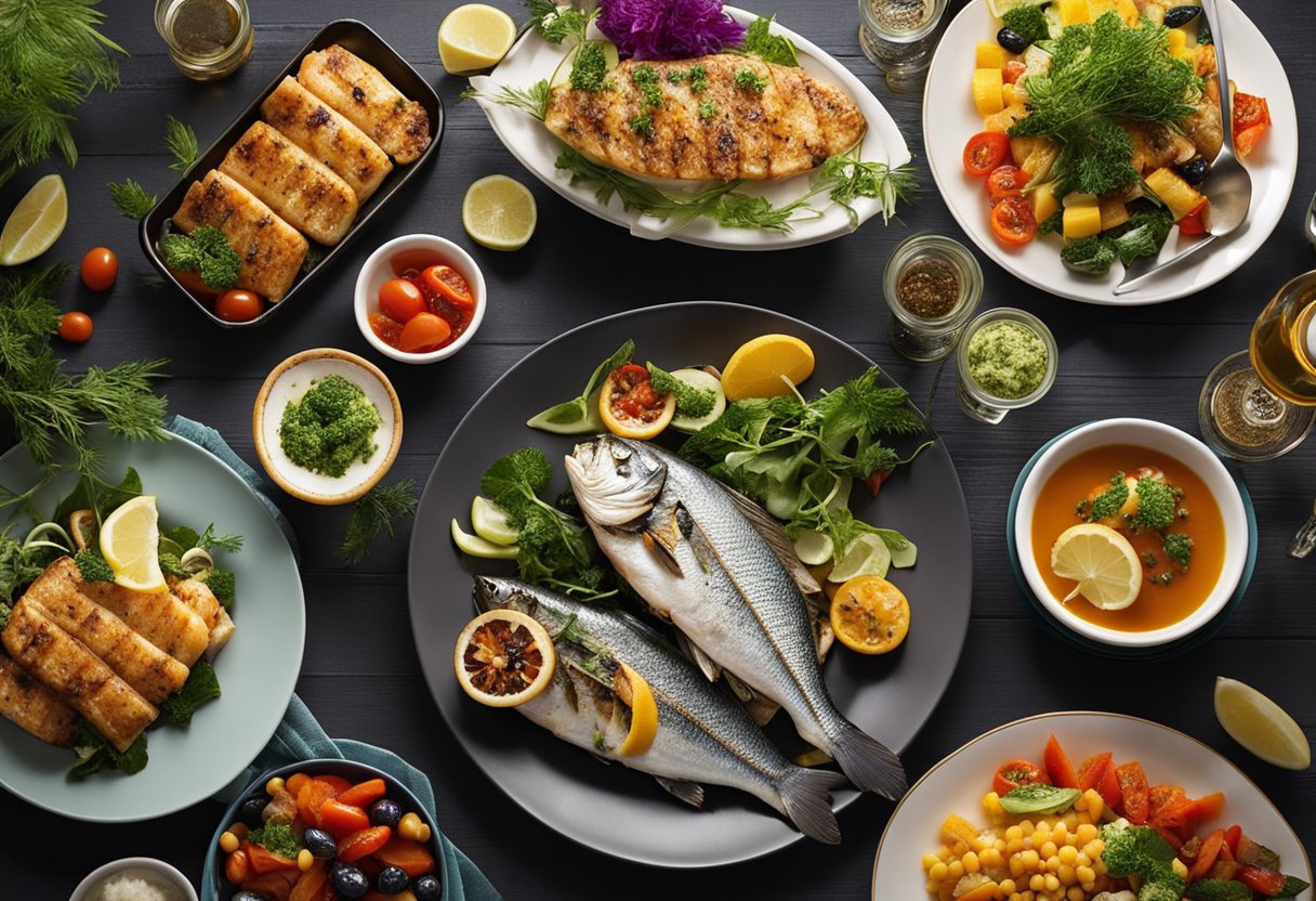 A platter of grilled fish surrounded by colorful side dishes and garnishes. Plates and utensils are neatly arranged on the table